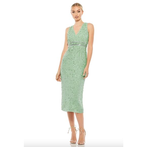 MAC DUGGAL Dress Size 2 Evening Gown Sequin Green NEW Midi Beaded Sleeveless - Picture 1 of 8